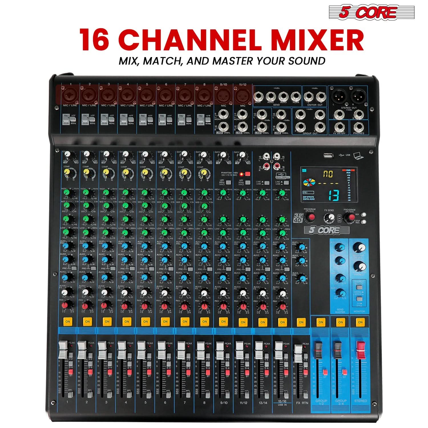Audio Mixer 16 Channel DJ Sound Board w 24 SPX Effect - prolightsounds