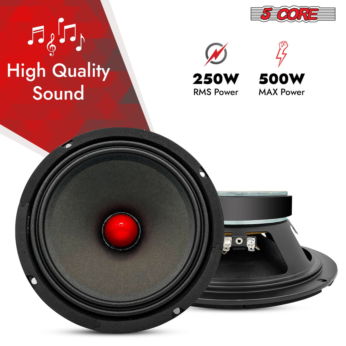 5Core 8 Inch Midrange Door Speaker 500W Subwoofer w Aluminum Bullet 8Ω Sub Woofer 1 PC