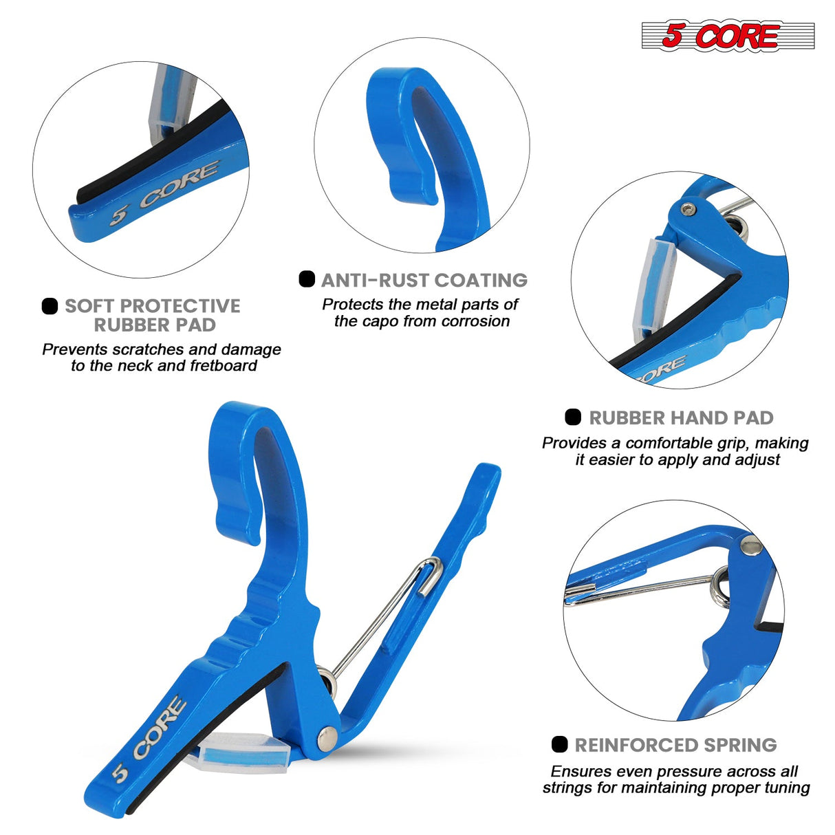 5Core Capo Aluminum Universal Guitar String Clip w Metal Spring + 6Pcs Guitar Picks + Carry Bag