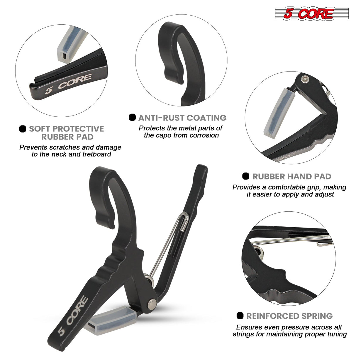 5Core Capo Aluminum Universal Guitar String Clip w Metal Spring + 6Pcs Guitar Picks + Carry Bag