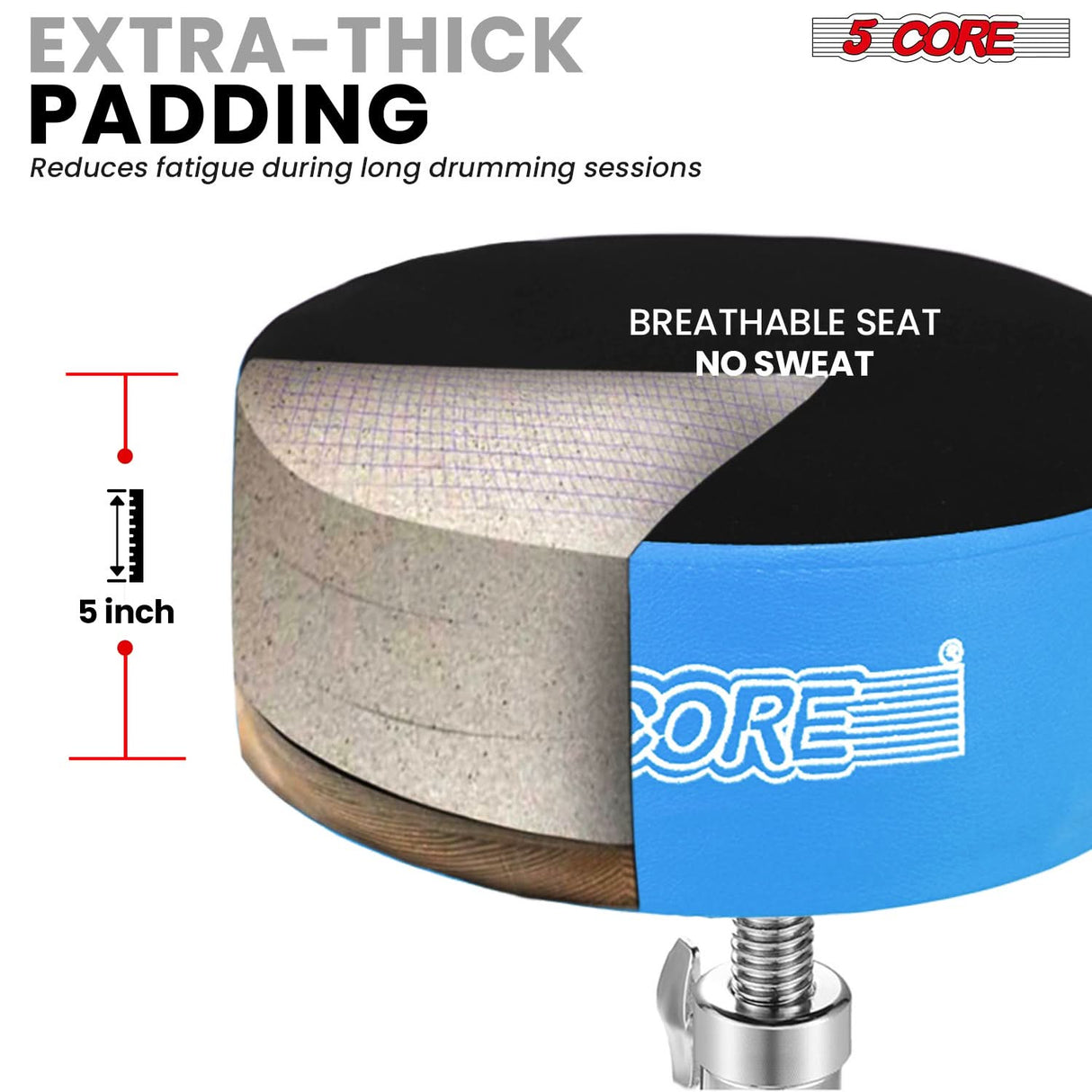 5 Core Drum Throne 5" Padded Velvet Top Guitar Stool Drummer Chair Swivel Adjustable Musician Seat