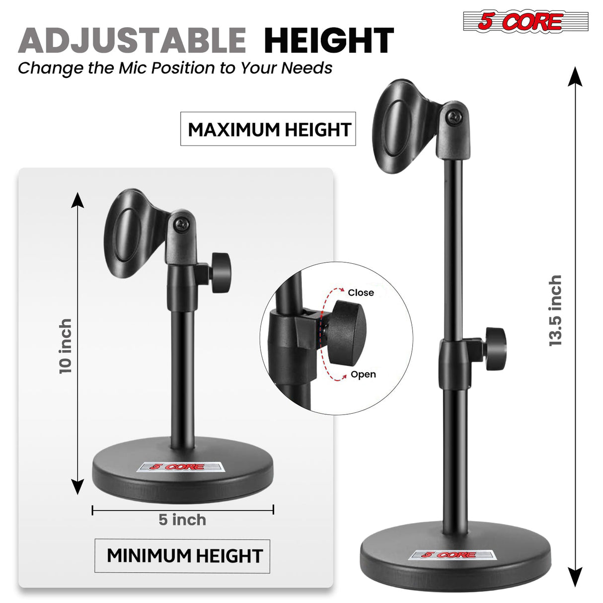 5Core 3n1 Mic Stand Desk Adjustable Table Microphone Stands w Phone Holder Mic Clip