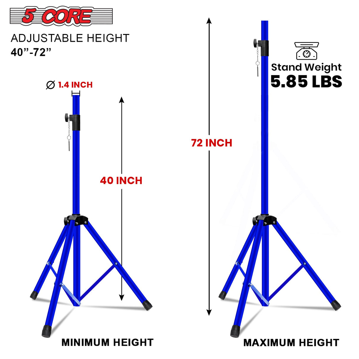5Core Speaker Stand Tripod Tall Adjustable 72 Inch DJ Pole Mount Studio Monitor Stands BLUE 1 PK