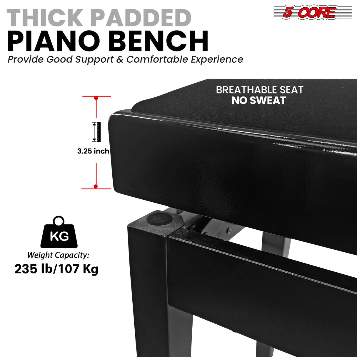 5 Core Adjustable Piano Bench Thick 3.25" Solid Wood Keyboard Stool Heavy Duty Musician Chair