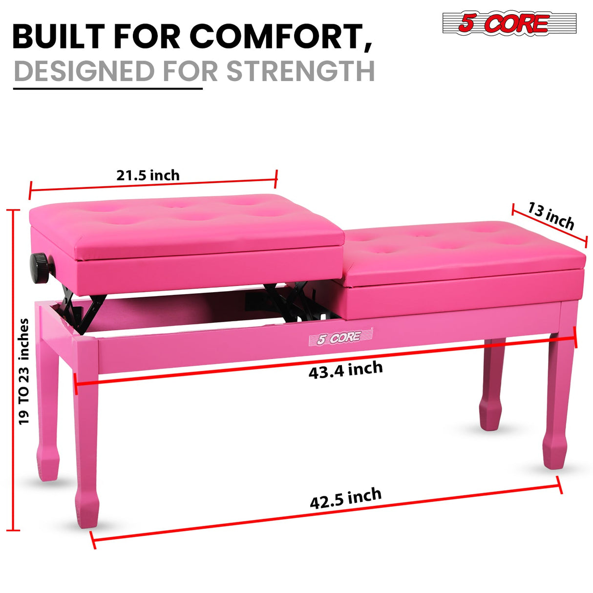 5 Core Duet Piano Bench 3.5 Inch Padded Cushioned Stool Wooden Heavy Duty Musician Chair w Storage