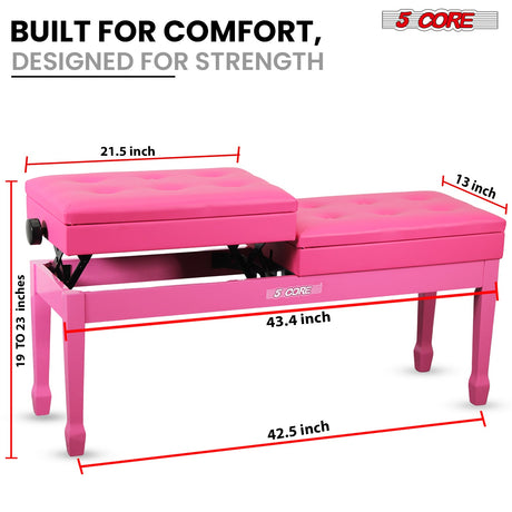 5 Core Duet Piano Bench 3.5 Inch Padded Cushioned Stool Wooden Heavy Duty Musician Chair w Storage