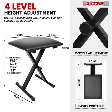 5 Core Keyboard & Bench Set Combo Height Adjustable Key Board Stands w Padded 2" Cushioned Musician Chair