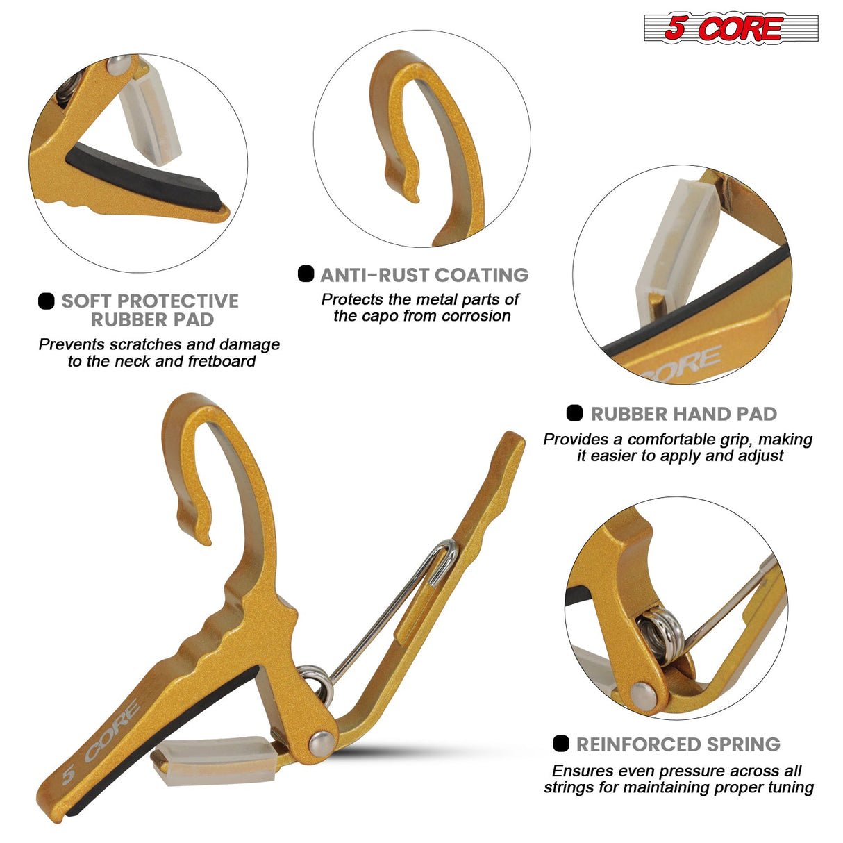 5Core Capo Aluminum Universal Guitar String Clip w Metal Spring + 6Pcs Guitar Picks + Carry Bag