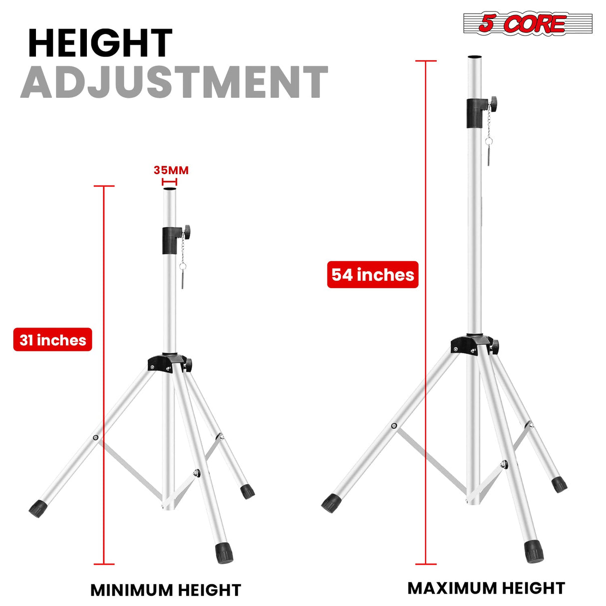 5 Core Speaker Stands Pair Adjustable 54 Inch Tripod 132 lbs Capacity 35mm Mount for DJ PA Use