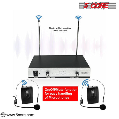 5Core Wireless Microphones w 2 Headset Portable Mini Microfono Inalambricos + Receiver 165ft Range
