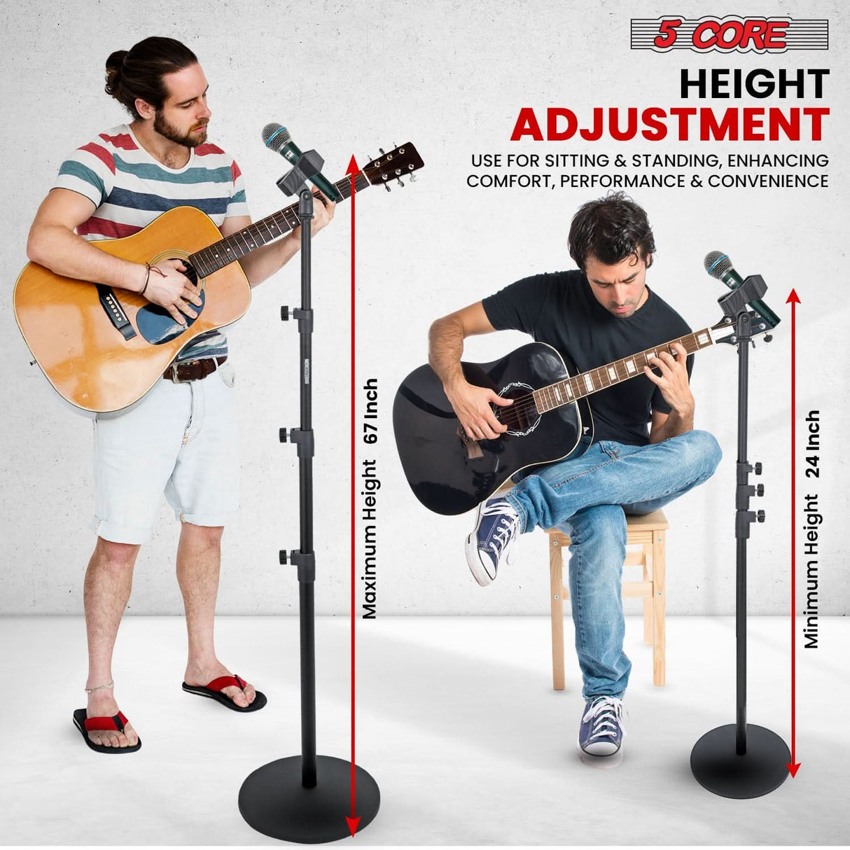 5 Core Mic Stand Floor Pair Height Adjustable Universal Heavy Weight Microphone Stands Round Base