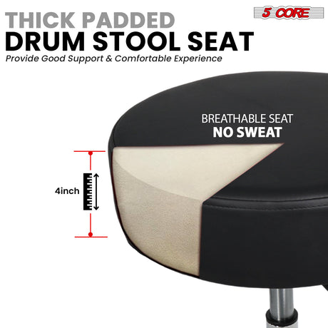 5 Core Drum Throne w Backrest 4" Padded Stool Airlift Adjustable 25.5" Drummer Chair 441Lb Capacity