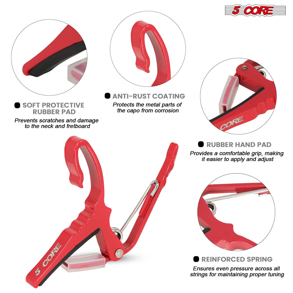 5Core Capo Aluminum Universal Guitar String Clip w Metal Spring + 6Pcs Guitar Picks + Carry Bag