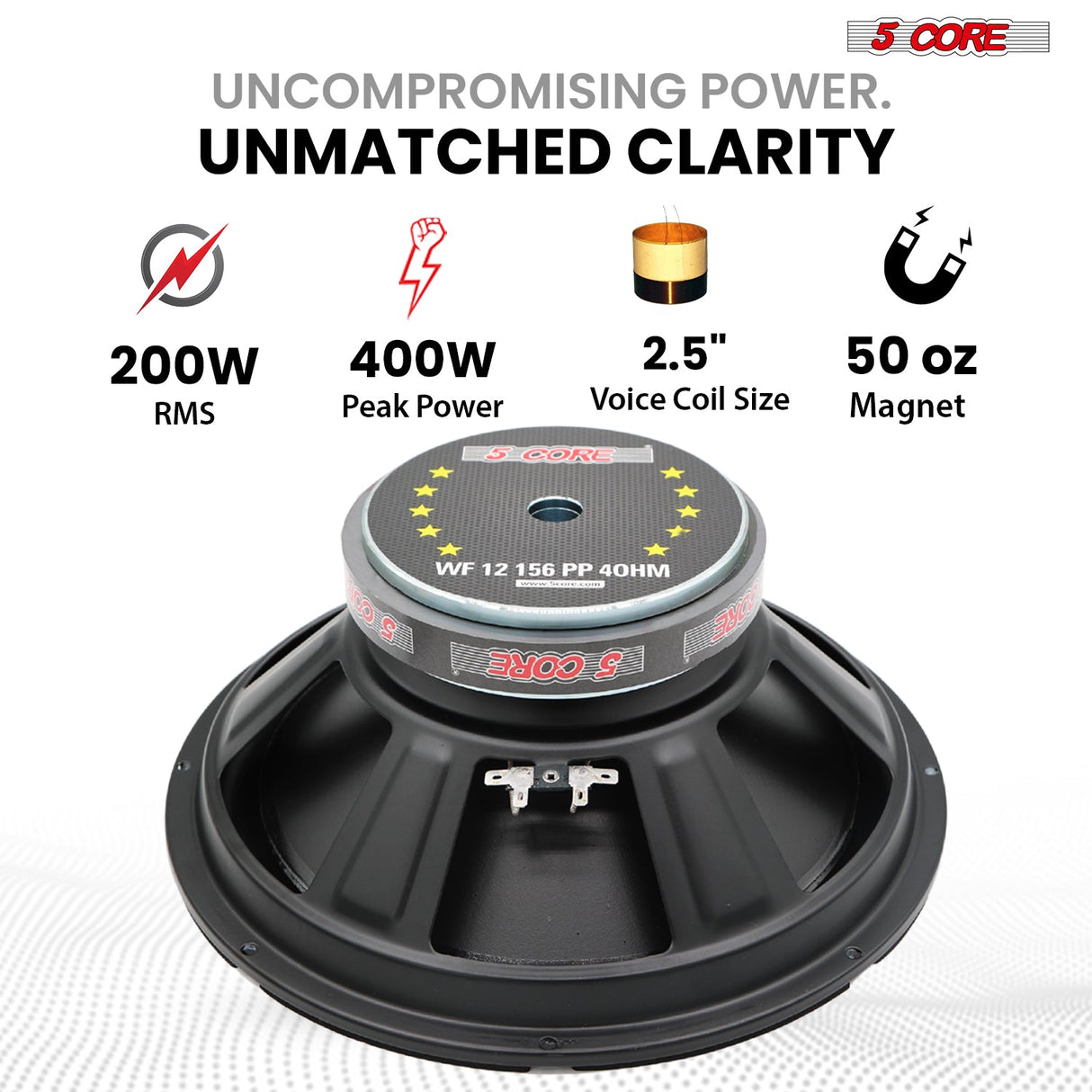 5 Core 12 Inch Woofer Pair 400W Car Subwoofer 4Ohm Replacement Deep Sub w Poly Cone
