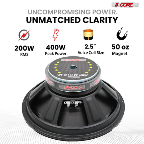 5 Core 12 Inch Woofer Pair 400W Car Subwoofer 4Ohm Replacement Deep Sub w Poly Cone