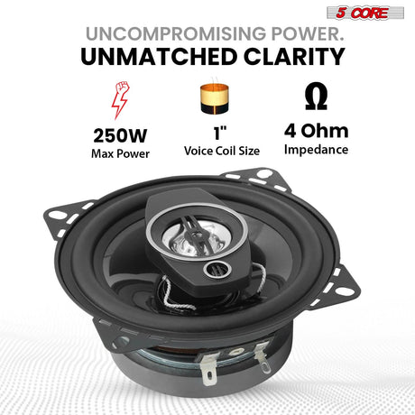 5Core Coaxial Door Car Speakers 4” 4Pcs 250W 4Ohm 2 Way Component Subwoofer Audio w Super Tweeter