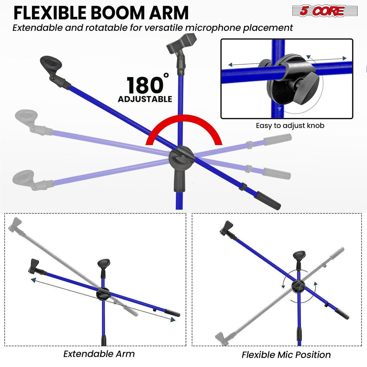 5 Core Mic Stand 2 Pcs Floor Height Adjustable Tripod Microphone Stands w Extending Telescoping Boom Arm