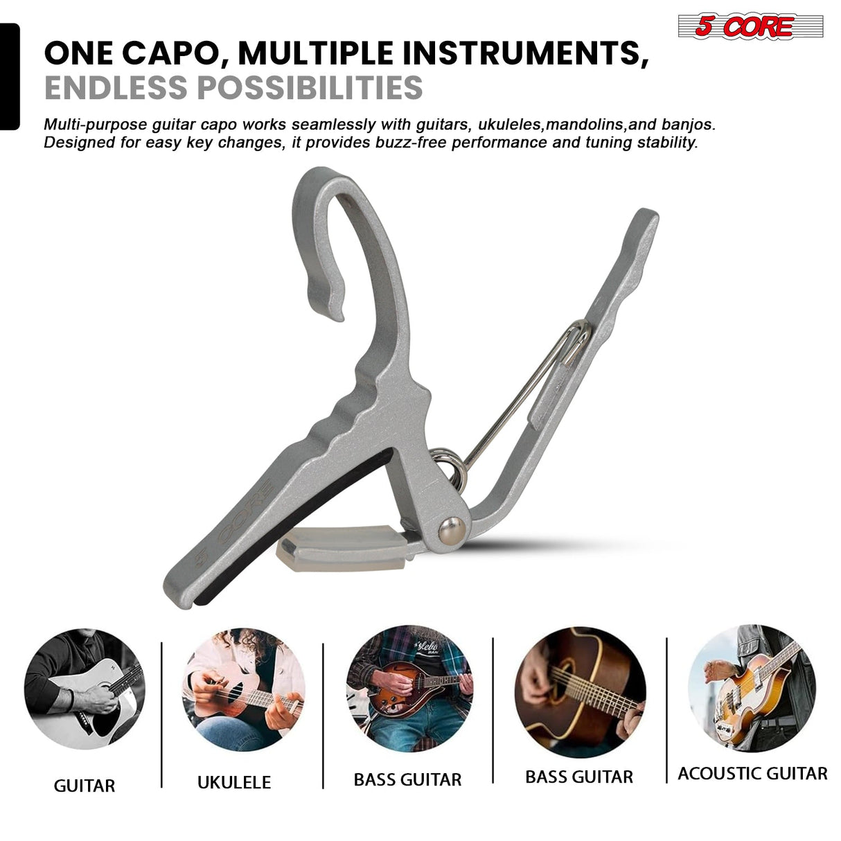 5Core Capo Aluminum Universal Guitar String Clip w Metal Spring + 6Pcs Guitar Picks + Carry Bag