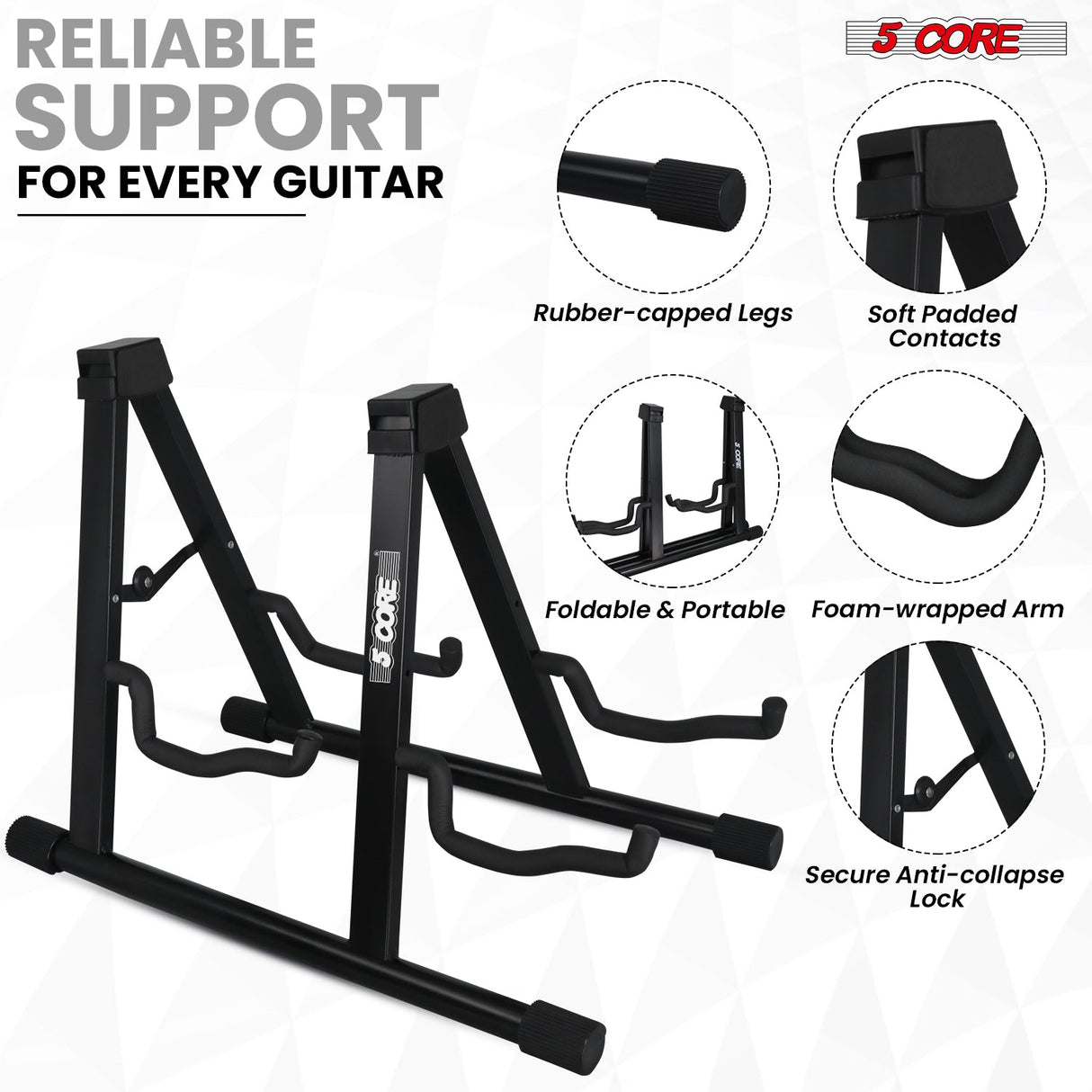 5 Core Double Guitar Stand A Frame Shape w Foam Arms Supports Acoustic Electric Bass Ukulele Banjo