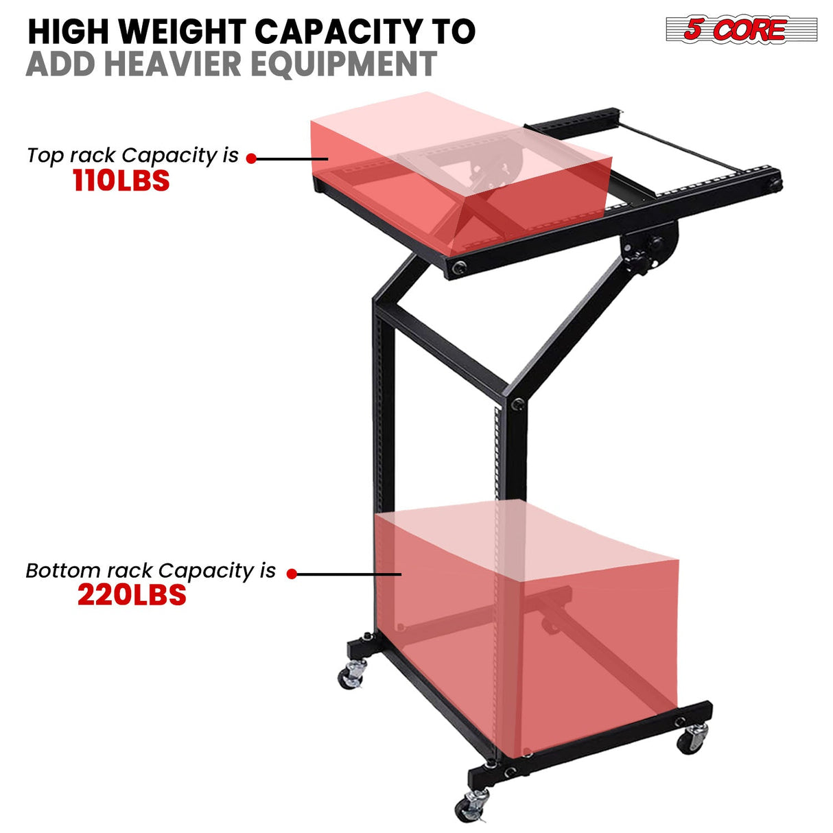5Core DJ Mixer Stand 12U Adjustable Rack Mount Rolling Stage Cart Pro Audio Studio Equipment w Wheel