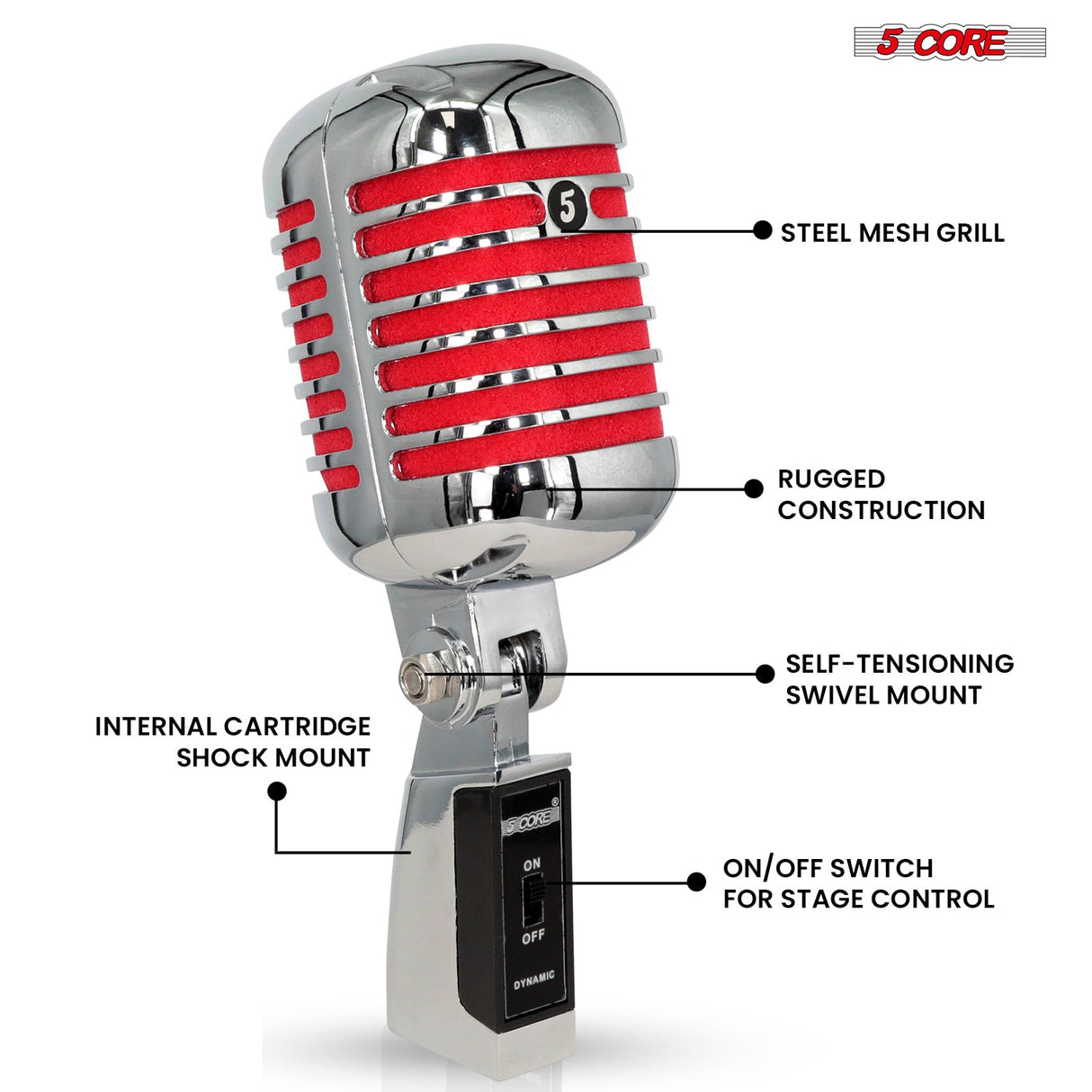 5Core Vintage Microphone Classic Dynamic Professional XLR Studio Retro Style Mic RED