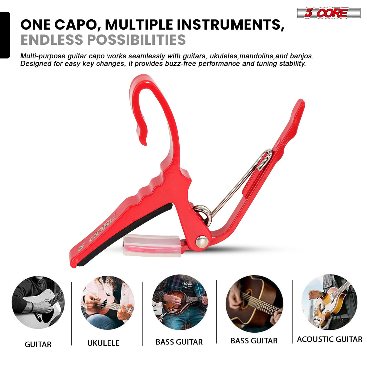 5Core Capo Aluminum Universal Guitar String Clip w Metal Spring + 6Pcs Guitar Picks + Carry Bag