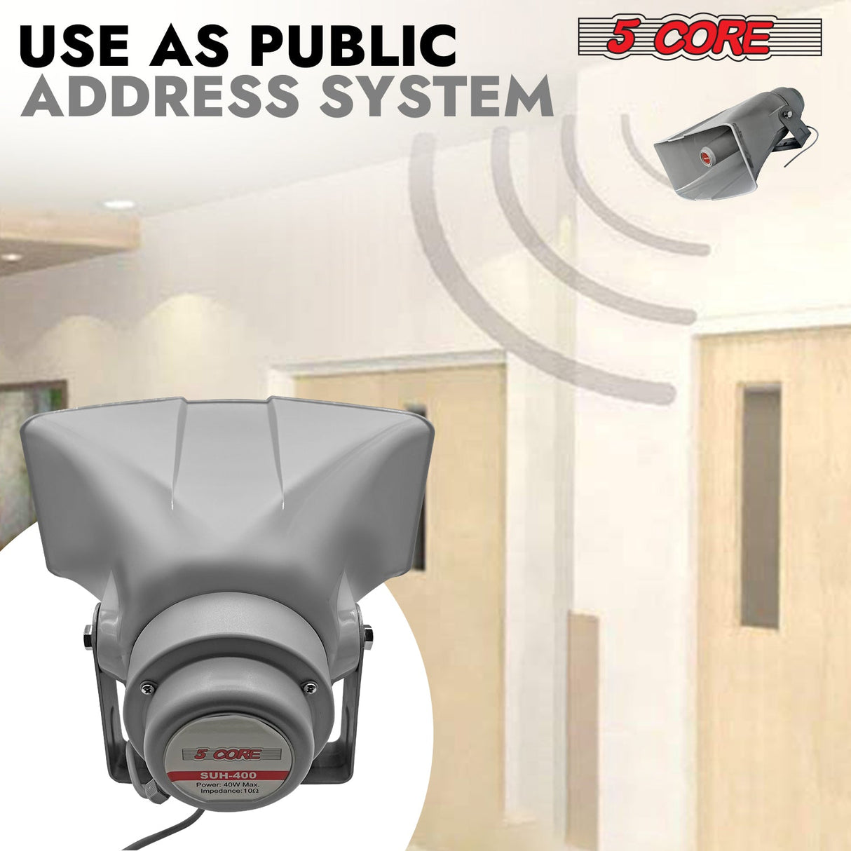 5 Core PA Horn Speaker Outdoor 8x16" Siren Loudspeaker 40W RMS Loud Megaphone Driver Horn