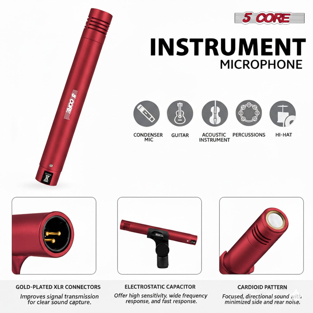 5 Core Conga Mic Snare Tom Set Professional XLR Cardioid Unidirectional Instrument Microphone Kit
