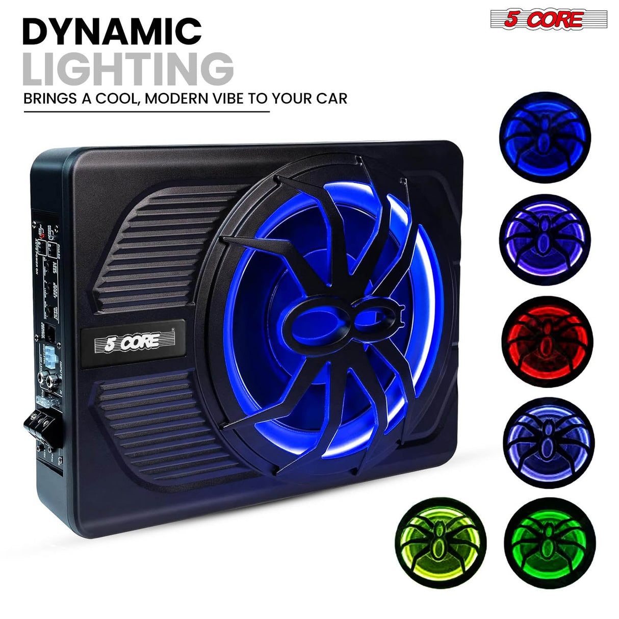5Core 10 inch Slim Under Seat Car Audio Subwoofer 800W Built in Amplifier Sub Woofer LED Light