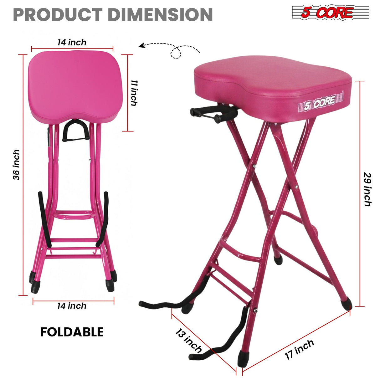 5 Core Guitar Stool 3.15" Padded Chair Foldable Music Seat w Built in Foot Rest Guitar Stand