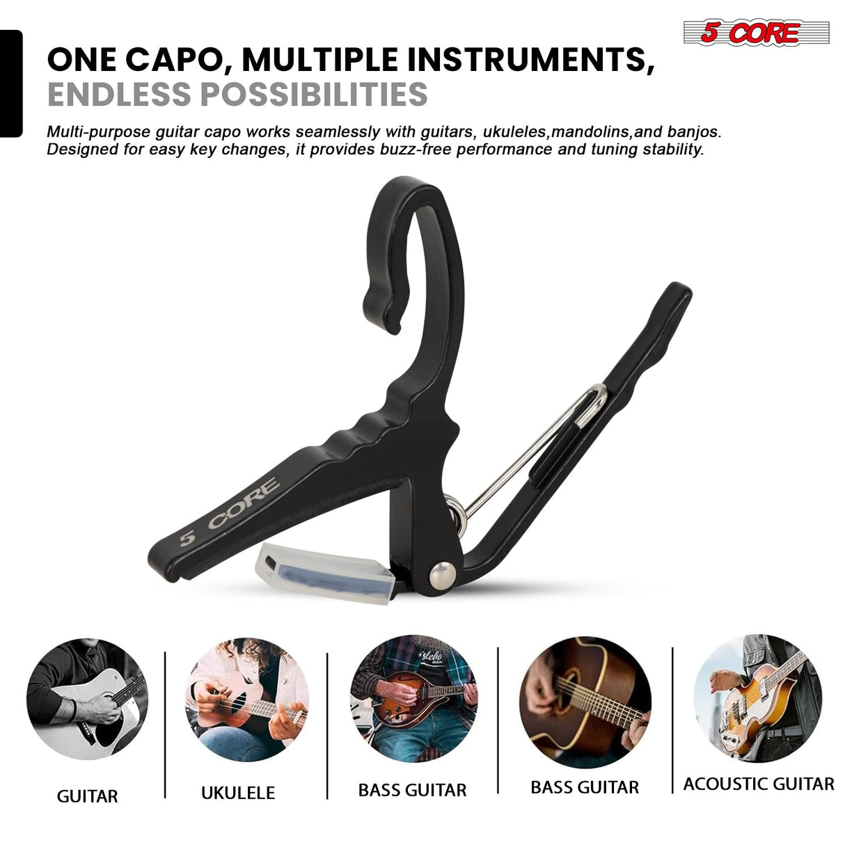 5Core Capo Aluminum Universal Guitar String Clip w Metal Spring + 6Pcs Guitar Picks + Carry Bag