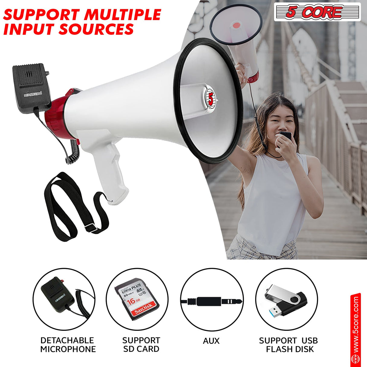 5Core Megaphone Bullhorn Speaker 40W Bull Horn Cheer Megafono 1000 Yards