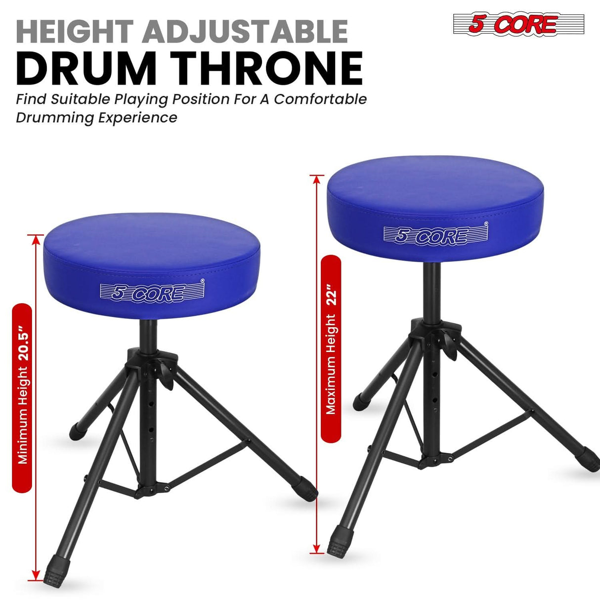 5 Core Drum Throne 3" Thick Padded Memory Foam Comfortable Drummer Stool 330Lb Capacity Adjustable