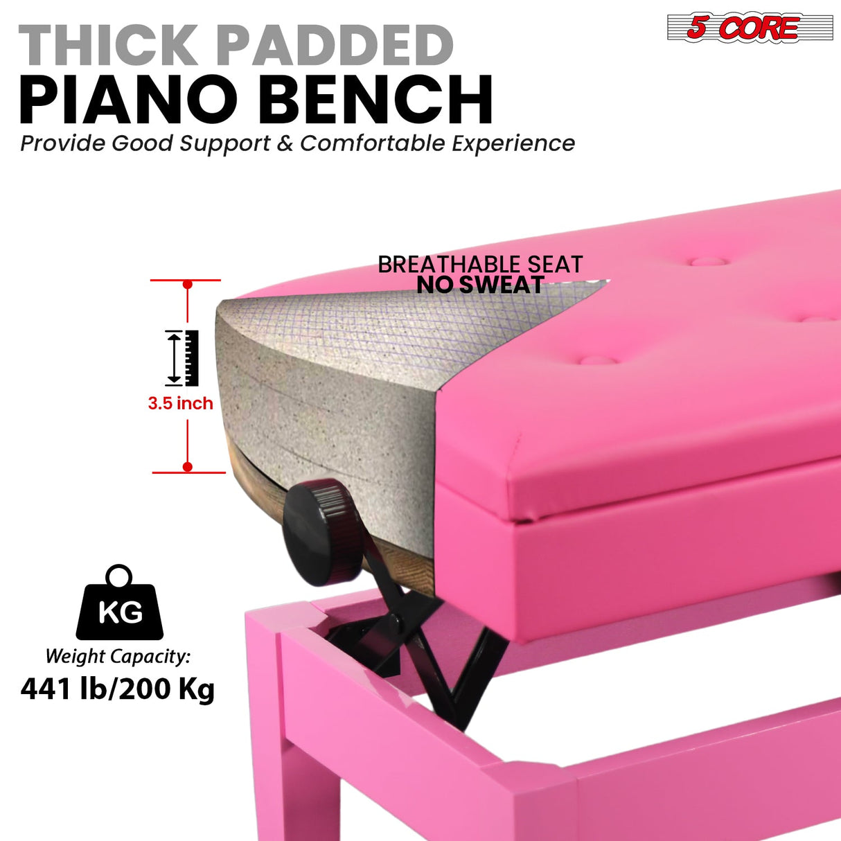 5 Core Duet Piano Bench 3.5 Inch Padded Cushioned Stool Wooden Heavy Duty Musician Chair w Storage