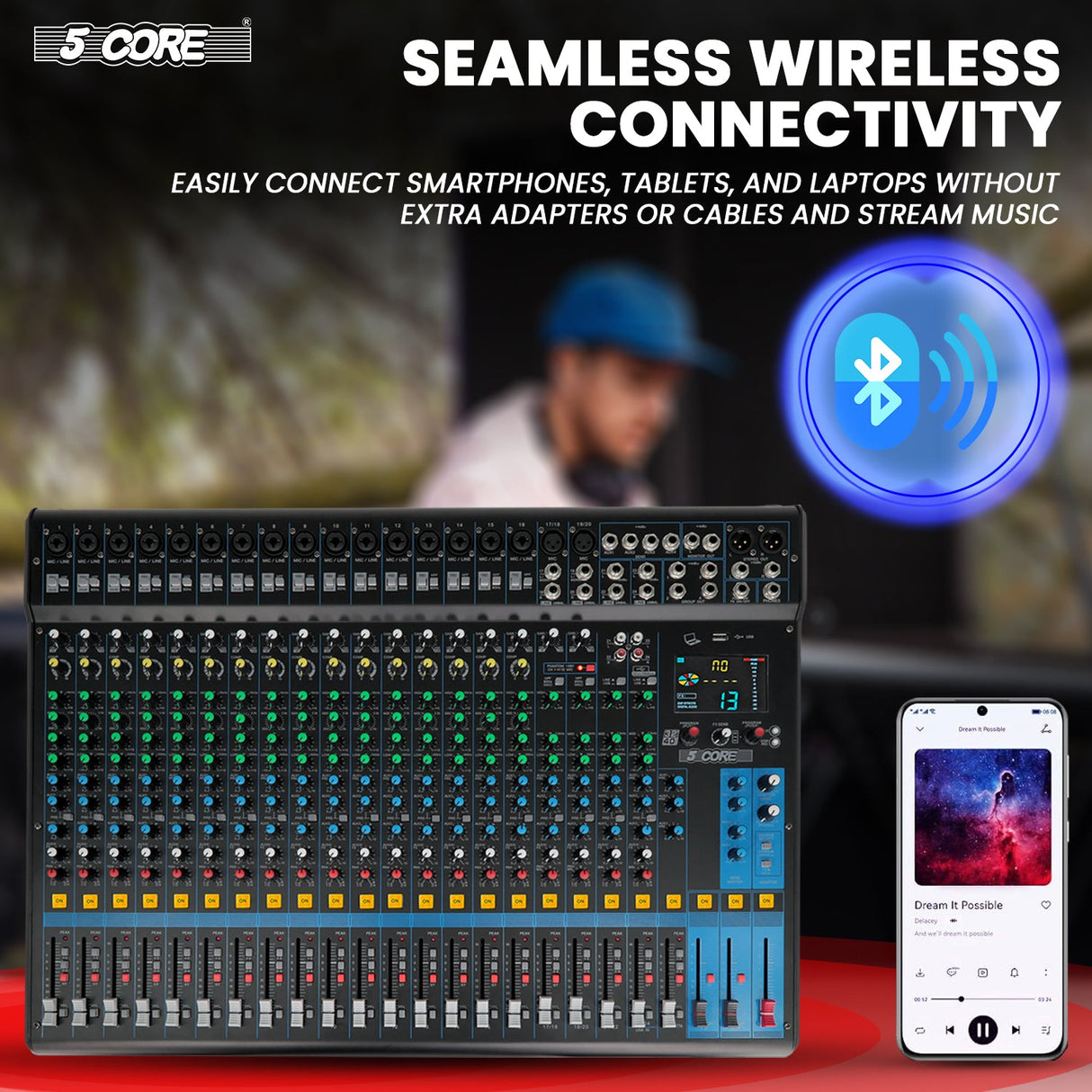5Core DJ Audio Mixer 24 Channel Stereo Sound Board w 256 effects USB Bluetooth 48V Phantom Power