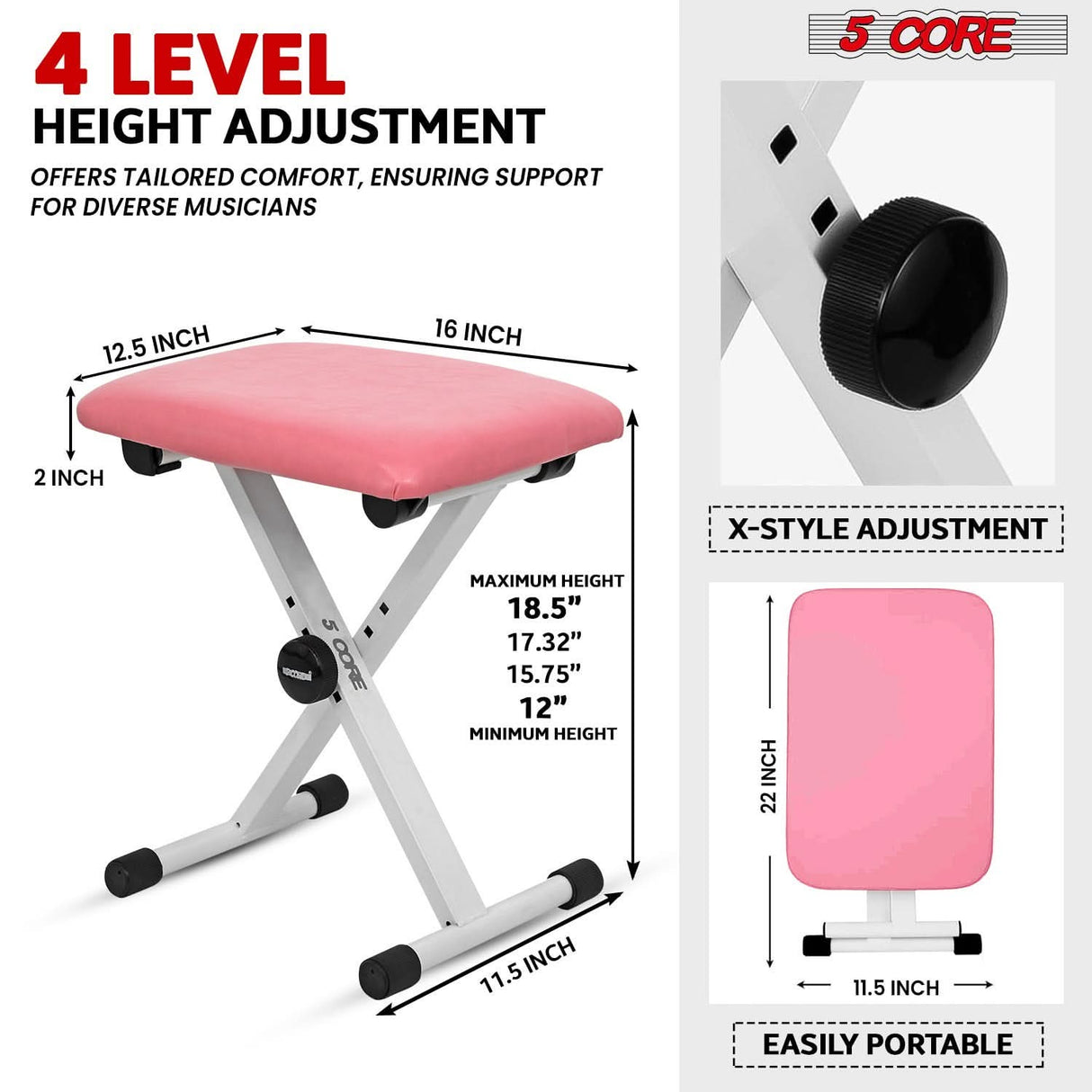 5 Core Keyboard Stand Piano Bench Combo Adjustable Key Board Stands 2" Padded Musician Chair Set
