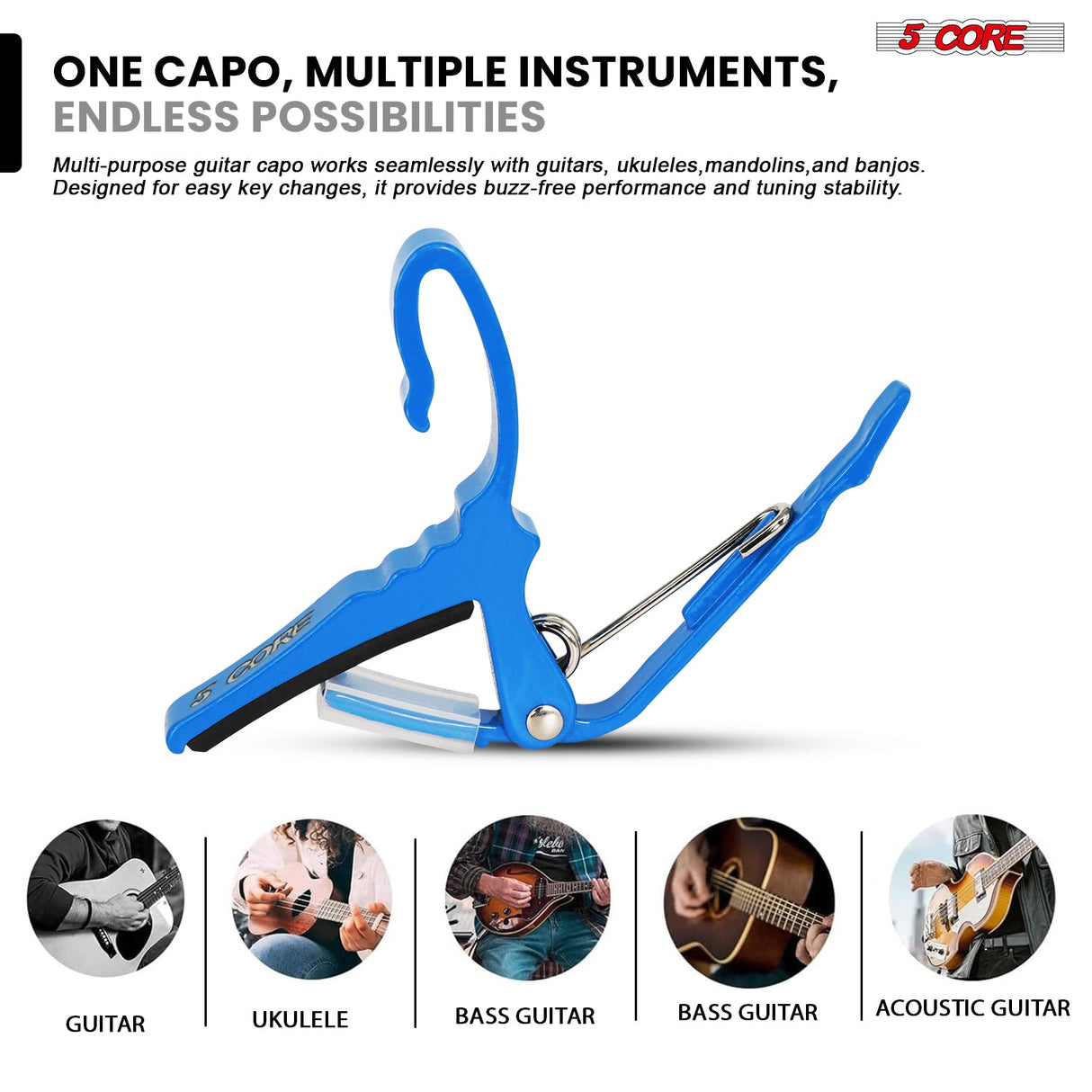5Core Capo Aluminum Universal Guitar String Clip w Metal Spring + 6Pcs Guitar Picks + Carry Bag