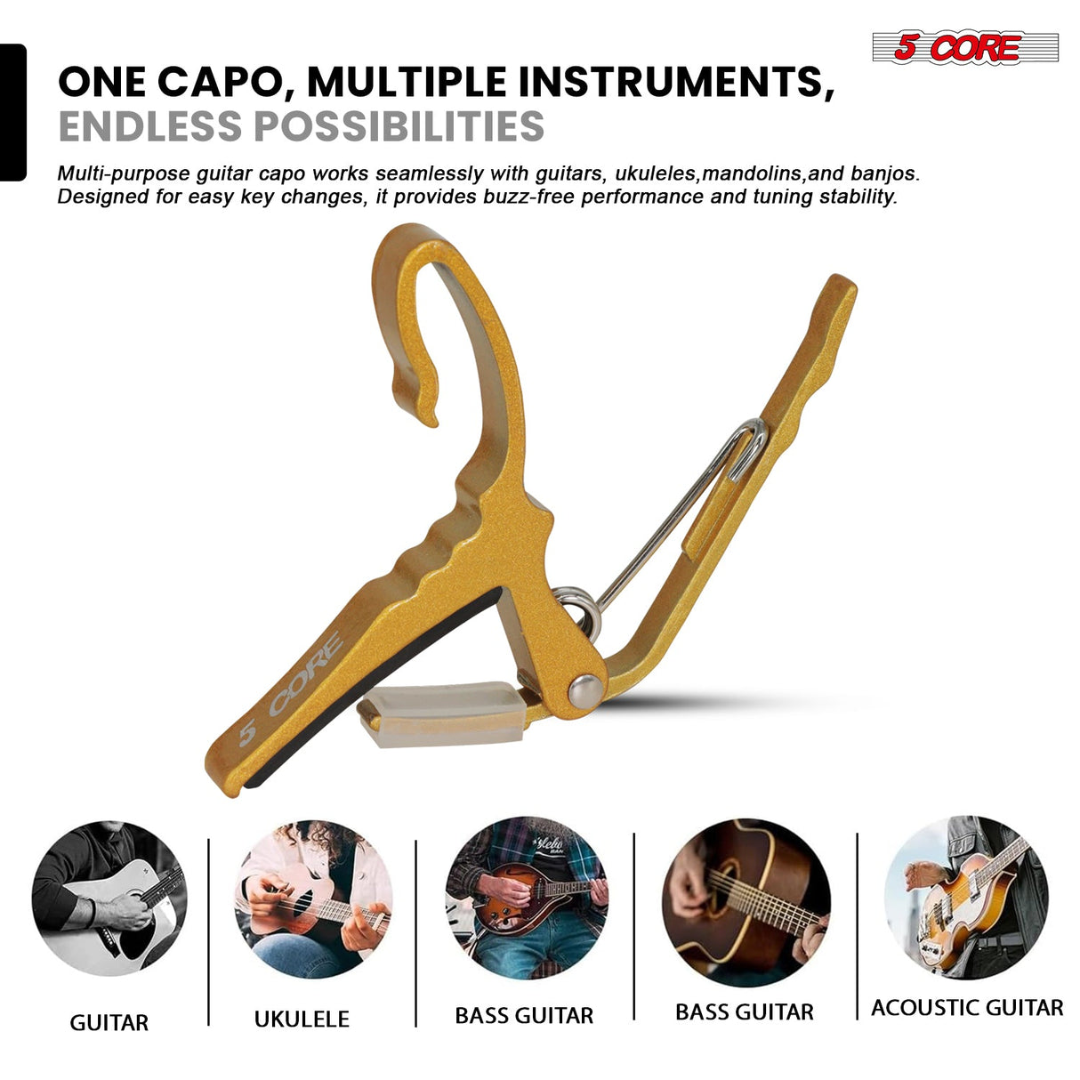 5Core Capo Aluminum Universal Guitar String Clip w Metal Spring + 6Pcs Guitar Picks + Carry Bag