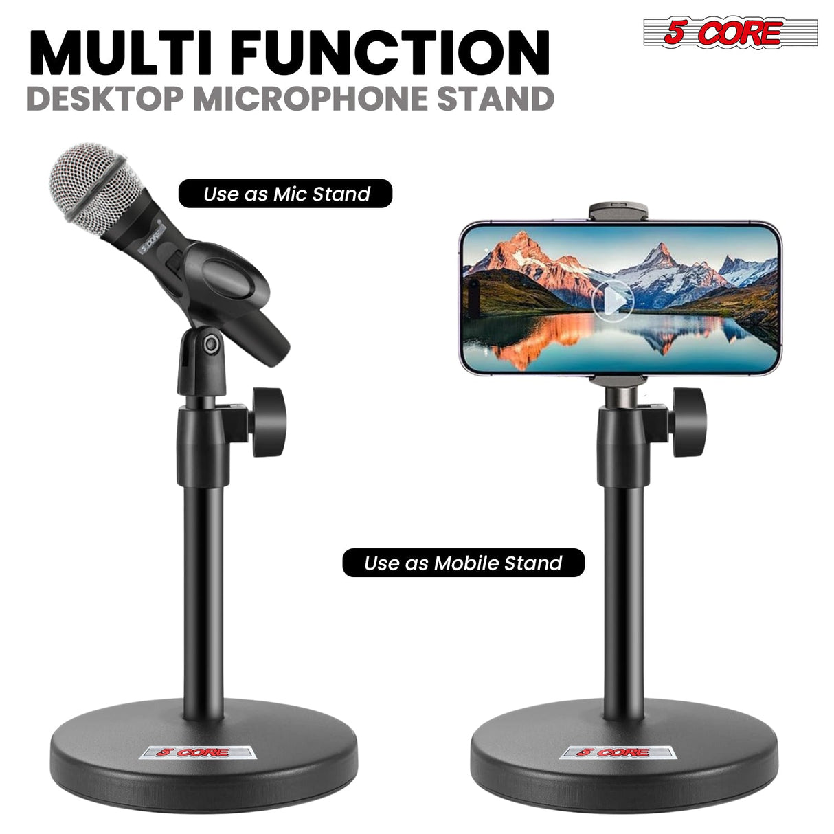 5Core 3n1 Mic Stand Desk Adjustable Table Microphone Stands w Phone Holder Mic Clip