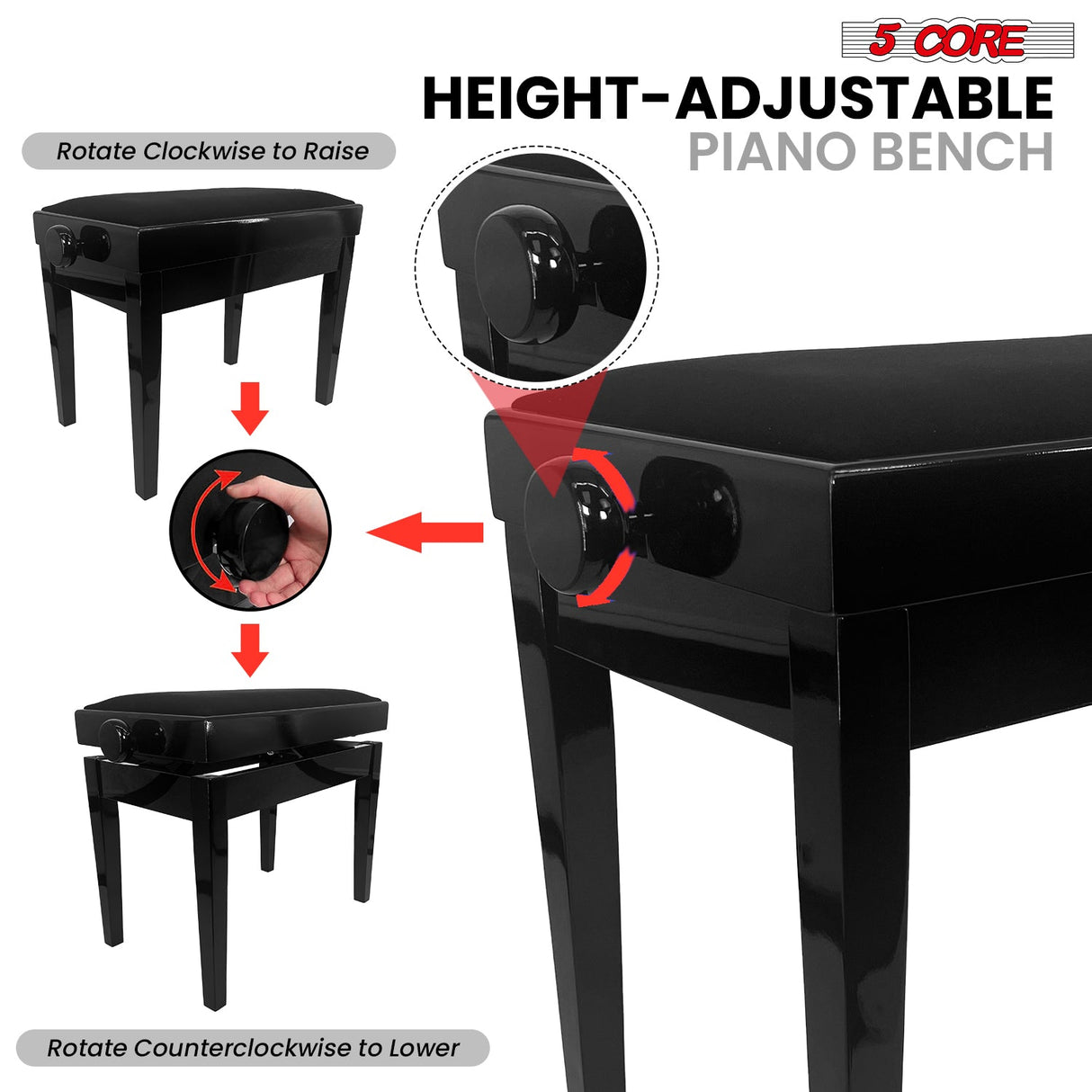 5 Core Adjustable Piano Bench Thick 3.25" Solid Wood Keyboard Stool Heavy Duty Musician Chair