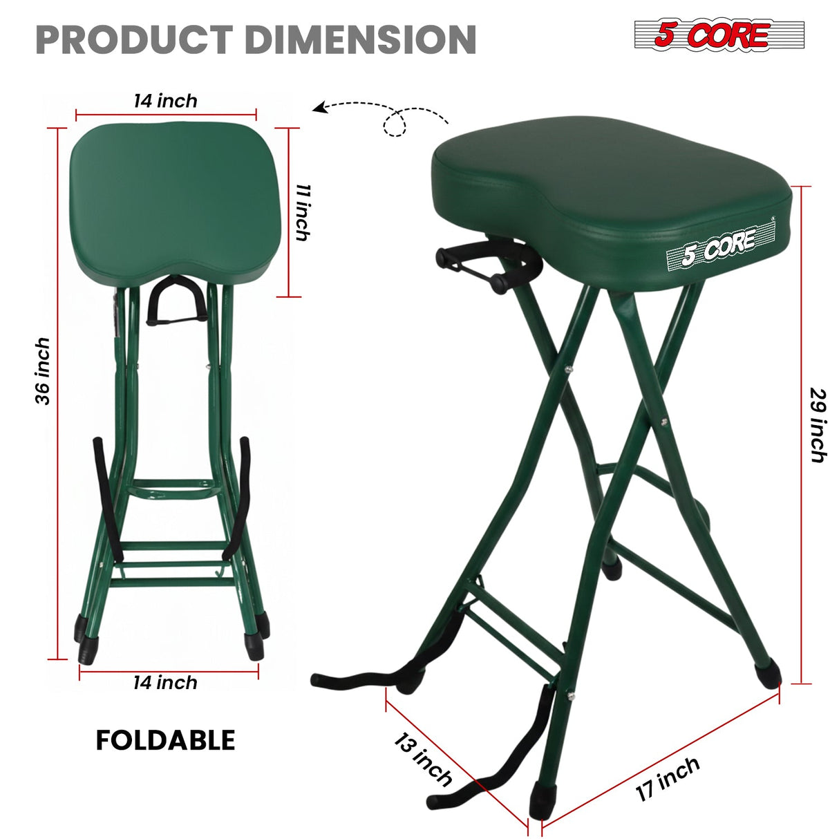 5Core Guitar Stool 3.15" Padded Chair Foldable Heavy Duty Music Seat Built in Foot Rest Guitar Stand