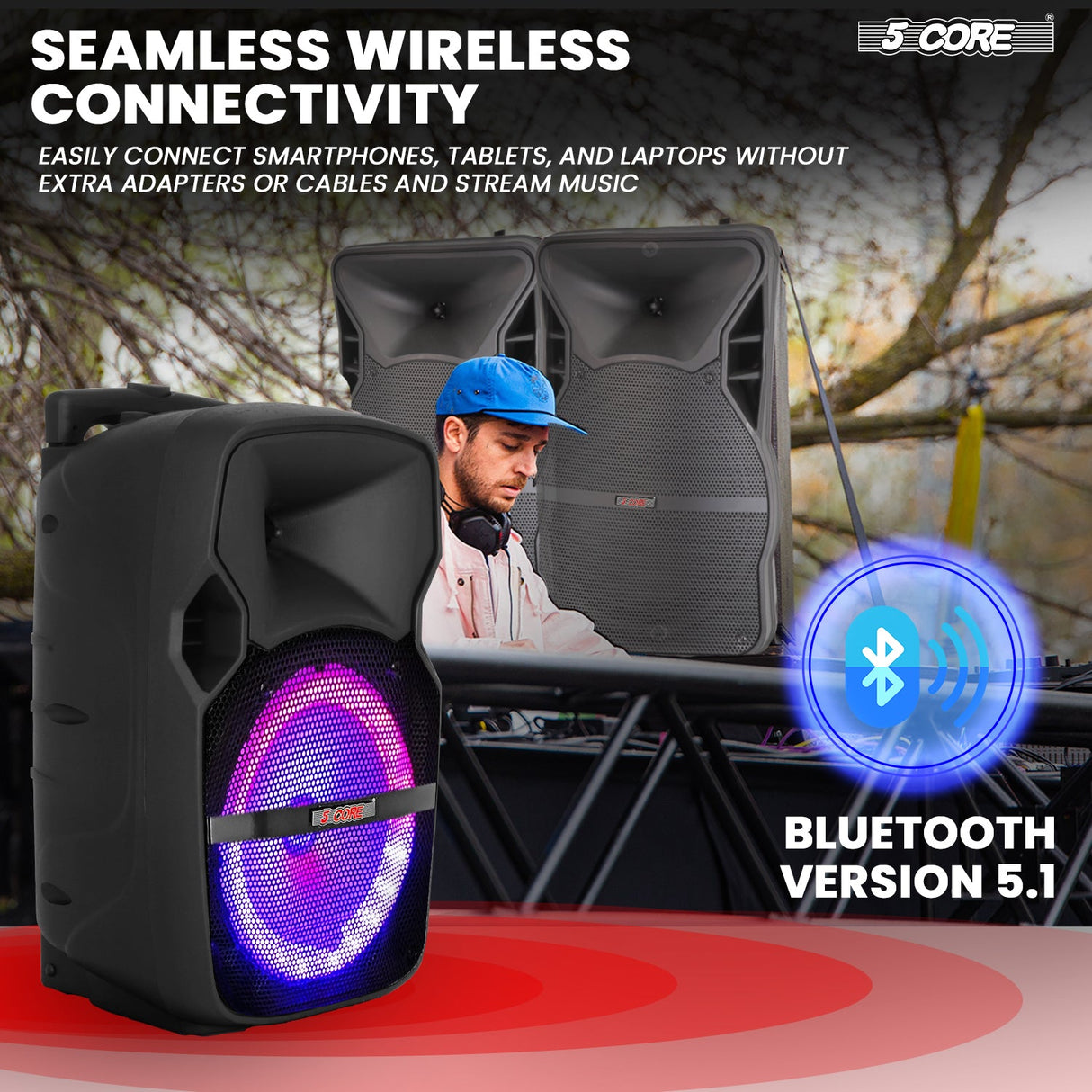 5Core 10 inch PA Portable Bluetooth Party Speaker Karaoke Boombox + 2 Wireless Mics
