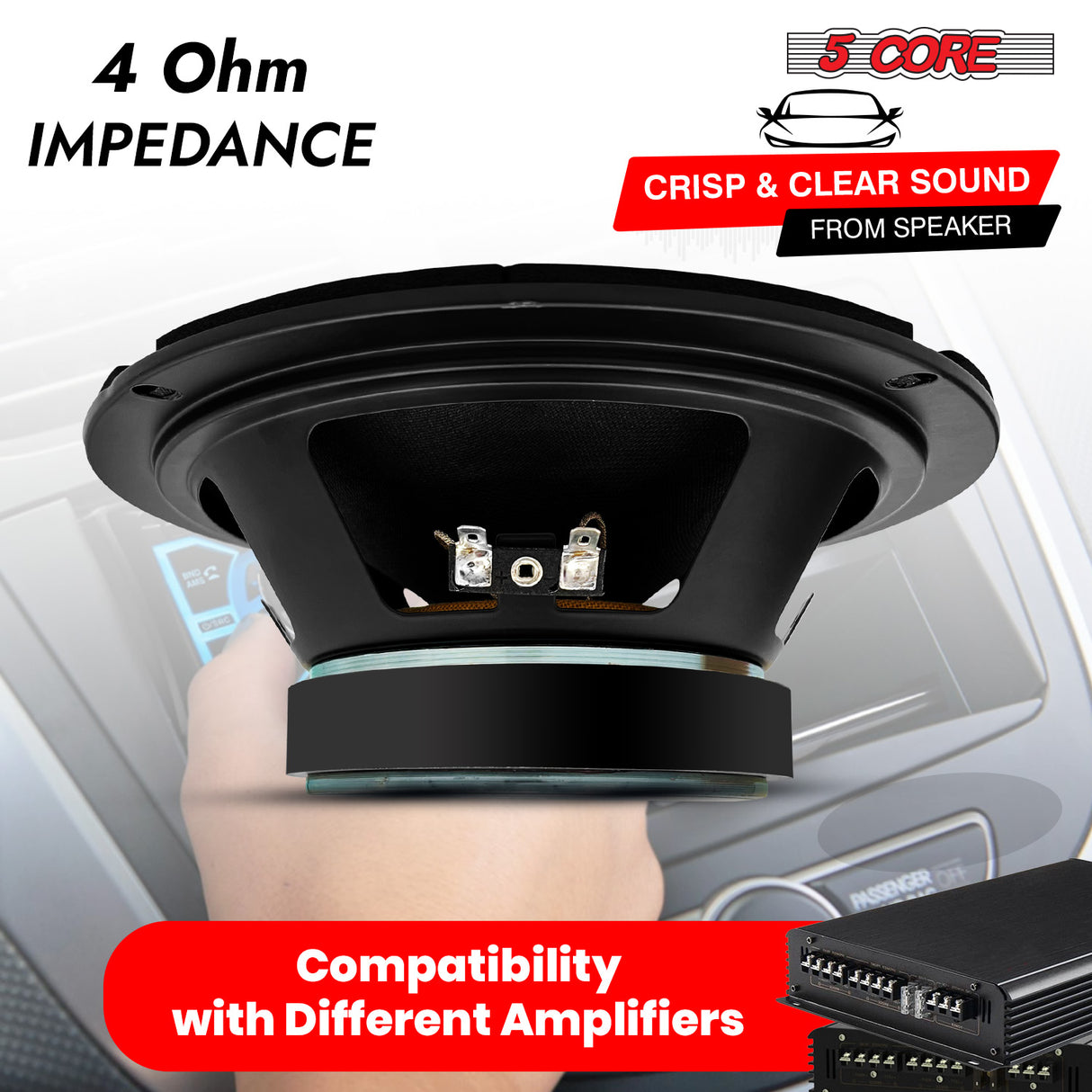 5 Core 8 Inch Midrange Speaker 500W Aluminum Bullet 4 Ohm Pro Audio Slim Car Door Loudspeaker