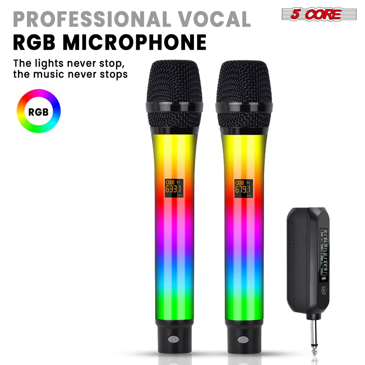 5 Core Microphone Wireless Karaoke Singing Mic Rechargeable Microfonos Inalambricos w LED Lights