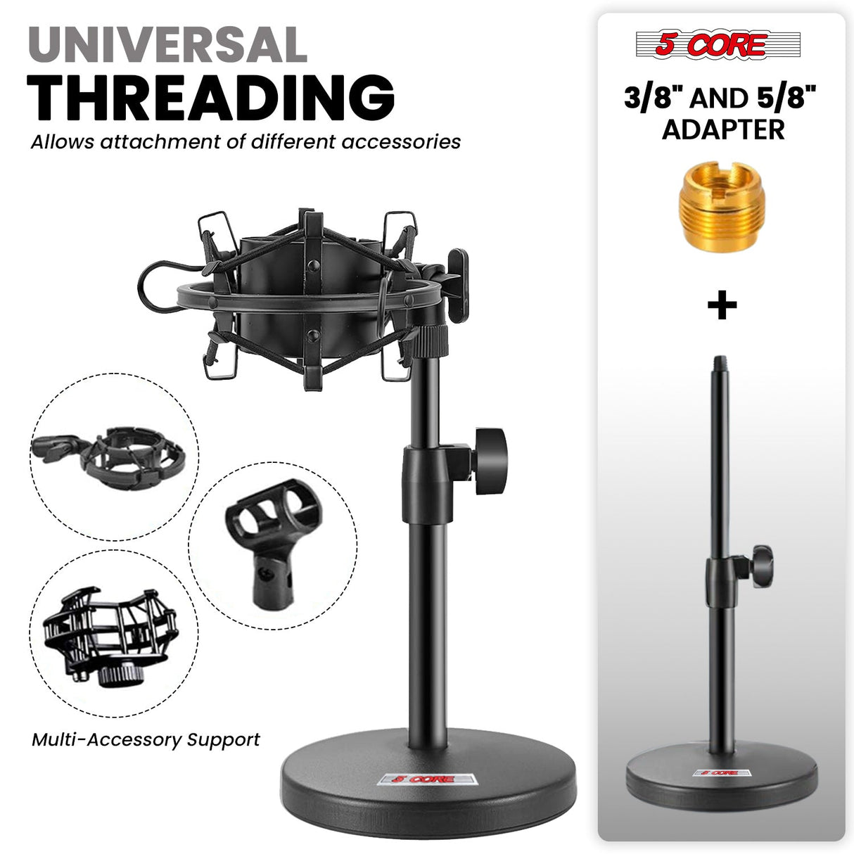 5Core 3n1 Mic Stand Desk Adjustable Table Microphone Stands w Phone Holder Mic Clip