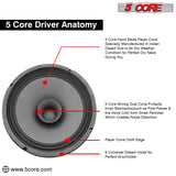 5 Core 8" Subwoofer 1000W Dual Cone Car Audio Sub Woofer 4 Ohm Deep Bass Replacement Loud Speaker