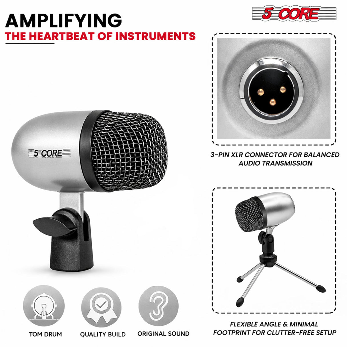 5 Core Conga Mic Snare Tom Set Professional XLR Cardioid Condenser Instrument Microphone Kit