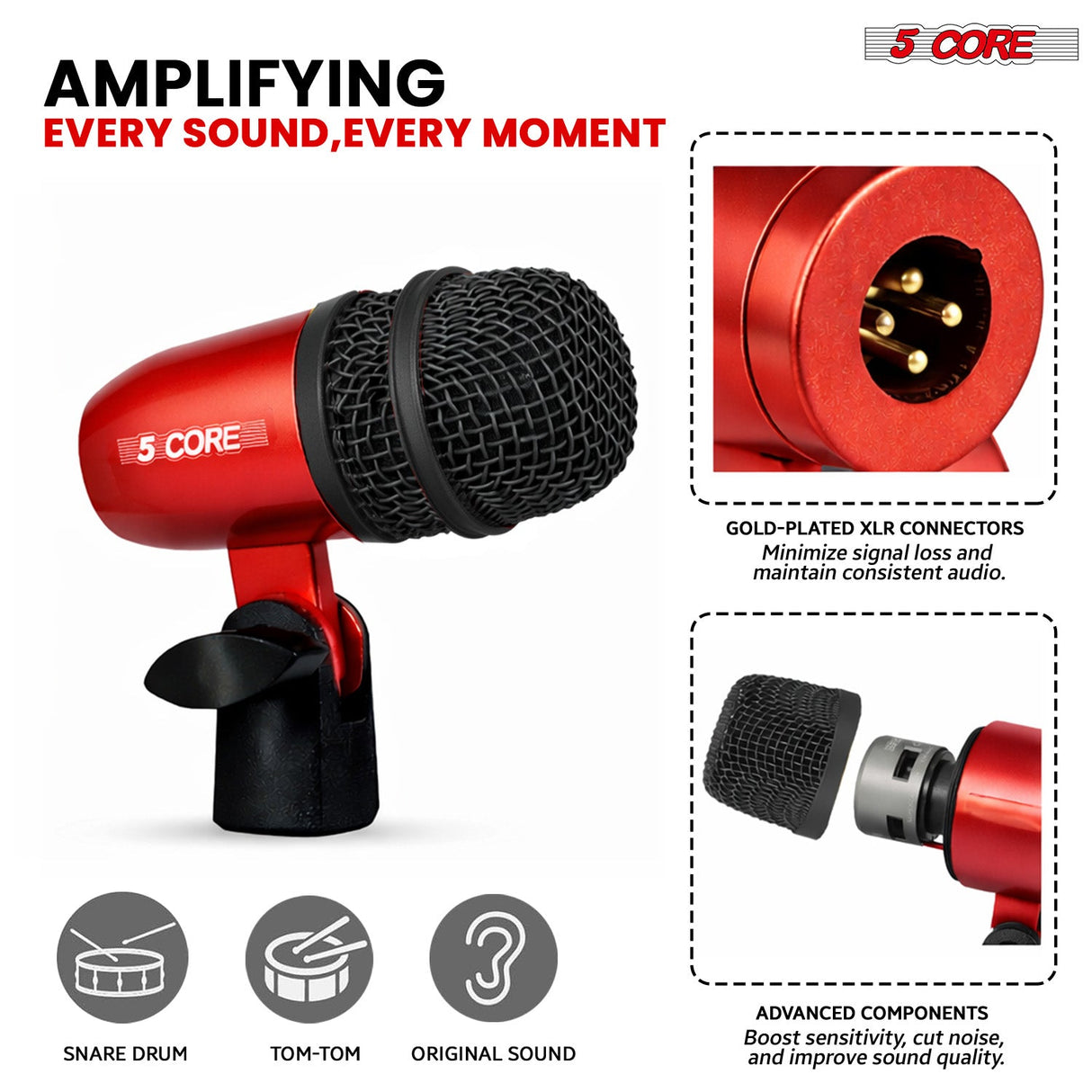 5 Core Conga Mic Snare Tom Set Professional XLR Cardioid Unidirectional Instrument Microphone Kit
