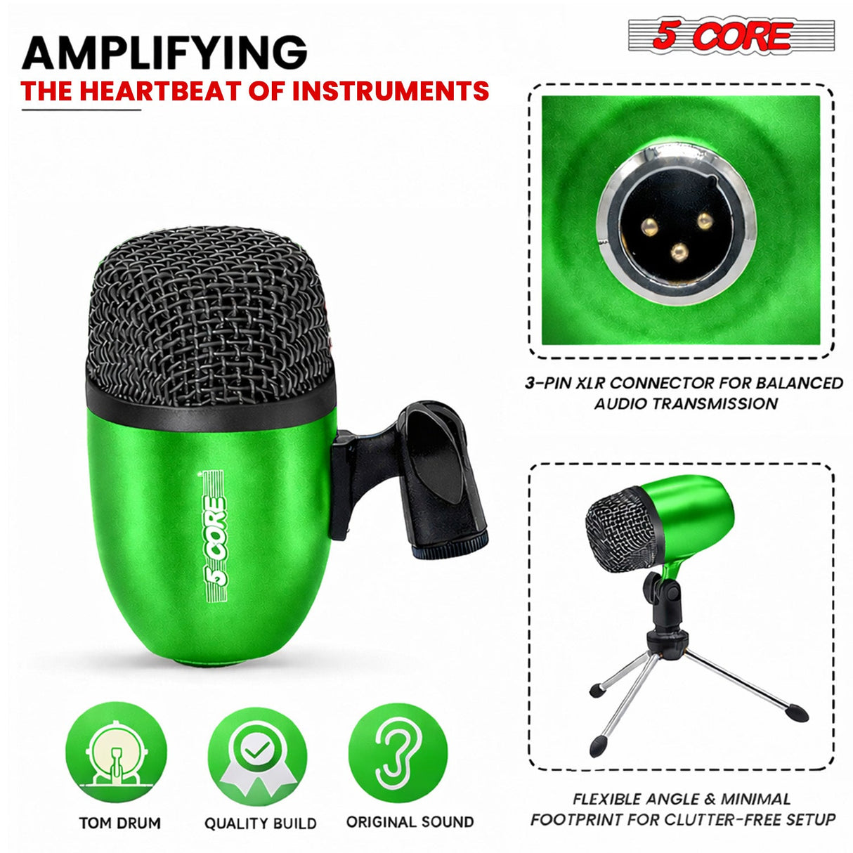 5 Core Conga Mic Snare Tom Set Professional XLR Cardioid Unidirectional Instrument Microphone Kit