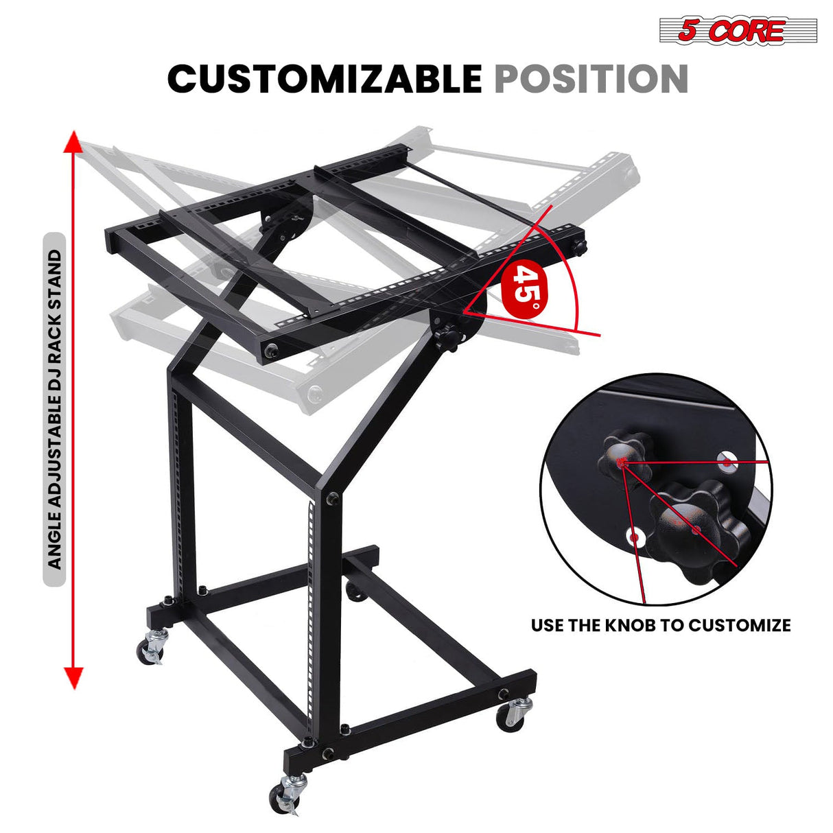 5Core DJ Mixer Stand 12U Adjustable Rack Mount Rolling Stage Cart Pro Audio Studio Equipment w Wheel